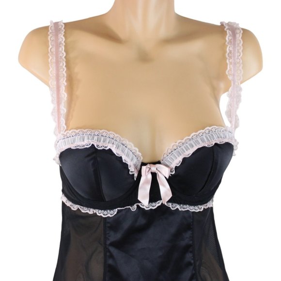 La Senza Negligee Black Pink Medium Ruffles Lace Garter Straps French Maid N122 - Picture 9 of 14